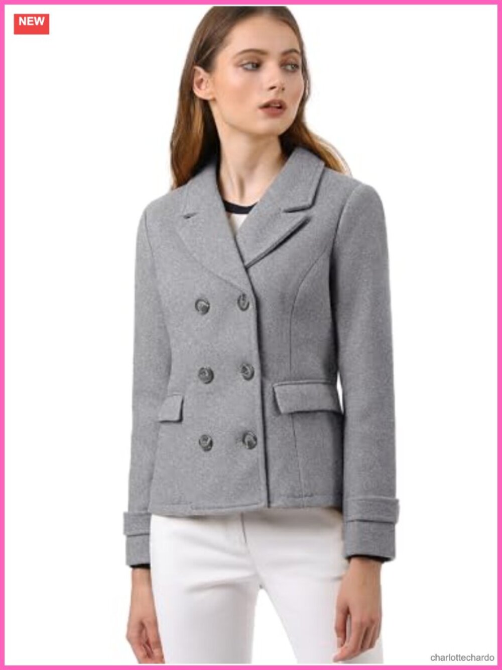 Elegant Double Breasted Pea Coat Long Sleeve Notch Lapel Fully Lined Women's